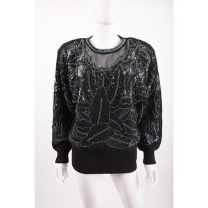 Vintage Priscilla Womans Iridescent Beaded Sequins Sweater Size M Black 80s